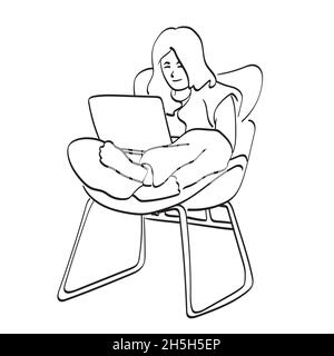 line art businesswoman working on laptop computer at home illustration vector isolated on white background Stock Vector