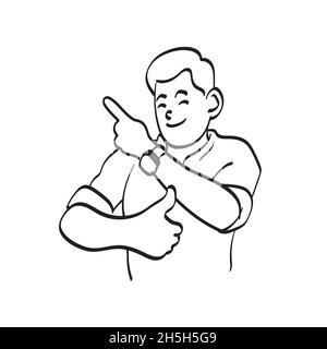 line art businessman with thumb up pointing on blank space illustration vector isolated on white background Stock Vector