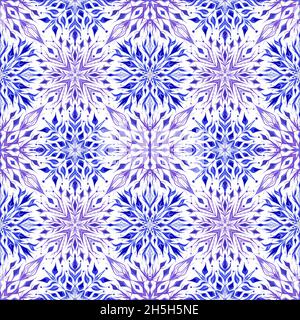 Seamless winter pattern with blue snowflakes. Bright crystal ornament. Festive texture with icy mandalas on white background. Wallpaper with purple an Stock Photo