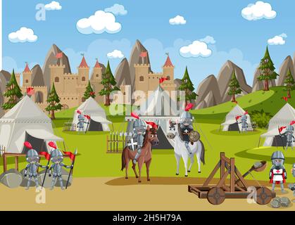 Military medieval camp with tents and weapons illustration Stock Vector ...