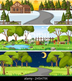 Set of three different nature horizontal scenes illustration Stock Vector