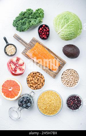 Healthy products with immunity boosters, flat lay, on white background. Stock Photo