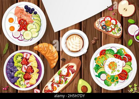 Different plates of food on the table  illustration Stock Vector