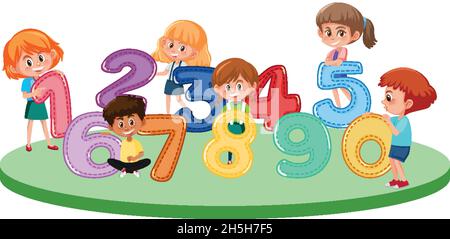 Children with math number font illustration Stock Vector