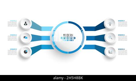 Vector infographic template with 3D paper label, integrated circles. Business concept with 6 options. For content, diagram, flowchart, steps, parts. Stock Vector