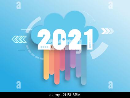 Infographic concept 2021 year. Hot trends, prospects in cloud computing services and technologies, big data storage, communication. Vector illustratio Stock Vector