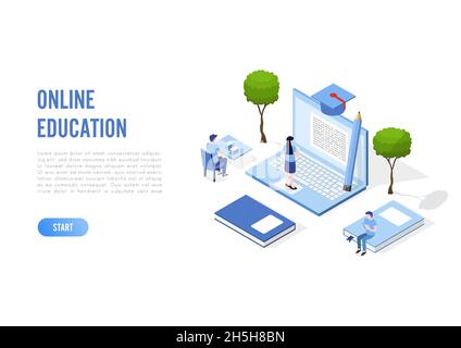 Online education concept banner with characters. Can use for web banner, infographics, hero images. Flat isometric vector isolated on white. Stock Vector