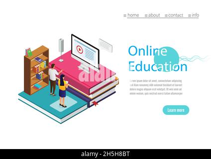 Online training, workshops and courses visualization flat 3d web isometric concept vector landing page template. Online Education with cpmputer. Stock Vector