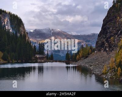 View of Lake Agnes in autumn with yellow colored larch trees and hikers at the tea house in valley in the Rocky Mountains, Banff National Park, Canada. Stock Photo