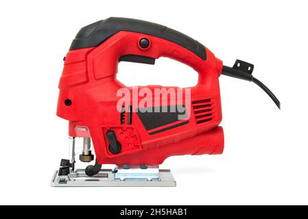 A jigsaw power tool isolated on white background. Electric jig saw. Professional electric jig saw isolated on white background Stock Photo