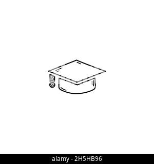 Hand Drawn graduation cap doodle illustration icon. Outline hand drawn leaves with graduation cap icon illustrations isolated on white background. Stock Vector