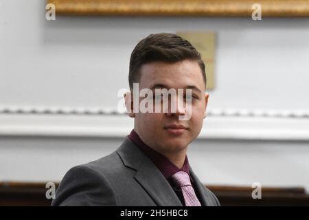 Kenosha, Wisconsin, USA. 9th Nov, 2021. Defendant KYLE RITTENHOUSE, 18, as he enters the courtroom to start today's day in court, during his trial for murder in Kenosha Circuit Court Tuesday. Rittenhouse faces seven charges. (Credit Image: © Mark Hertzberg/ZUMA Press Wire) Stock Photo