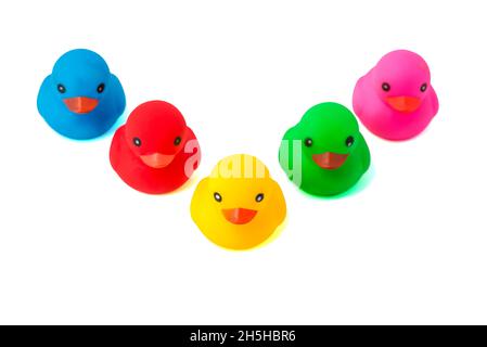 A row of rubber ducks on a white background. Bright colored rubber ducks in a line. Rubber ducks in a row isolated on a white background. Stock Photo
