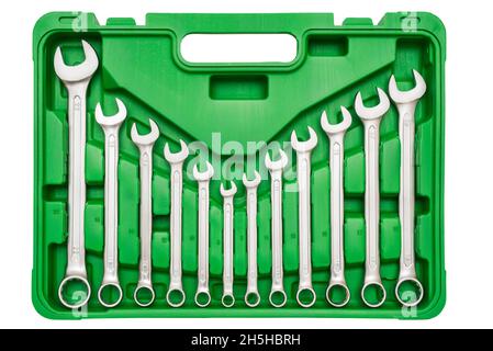 A set of tools for mechanical works isolated on white background. Repair set of keys. Wrench set in box Stock Photo