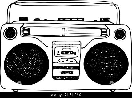 Retro record player. Doodle style modern illustration. Hand drawn old school boombox isolated on white background Stock Vector