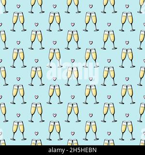 Glasses of champagne seamless doodle pattern. Cheers vector illustration on blue background. Valentines day greeting card, anniversary celebration poster Stock Vector
