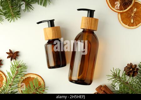 Composition with winter cosmetics on white background Stock Photo