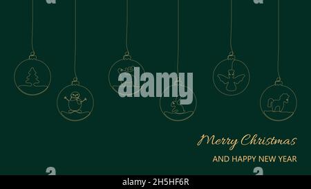 Christmas and New Year composition of hanging balls with reindeer, christmas tree, horse, angel, rabbit. Continuous one line drawing. Stock Vector