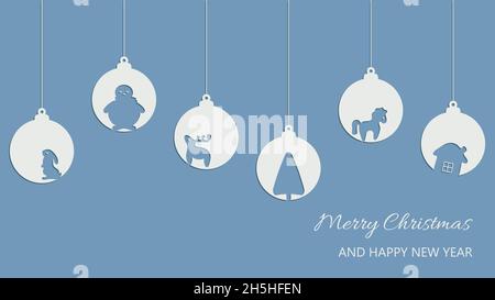 Christmas and New Year composition of hanging balls with reindeer, horse, christmas tree, snowman, rabbit, house. Design for greeting card, banner Stock Vector