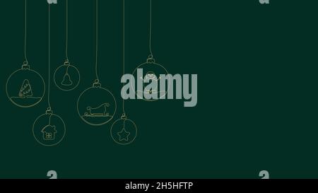 Christmas and New Year composition of hanging balls with christmas tree, snowman, sleigh, star, bell, house. Continuous one line drawing. Stock Vector
