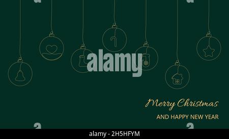 Christmas and New Year composition of hanging balls with candy cane, heart, mitten, sock, star, bell, house. Continuous one line drawing. Stock Vector