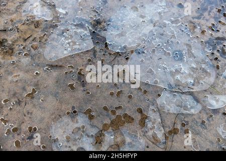 A thin piece of ice with melted holes on yellow sand Stock Photo