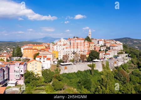 an amazing shot of old town Labin with church of Sv. Just - San Giusto, aerial view, Istria, Croatia Stock Photo