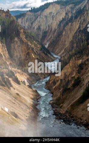 Yellowstone River flows through Gorge, Grand Canyon of the Yellowstone, View from North Rim, Brink of the Lower Falls, Yellowstone National Park Stock Photo