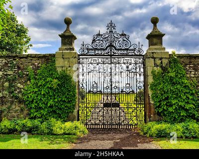 Ornate wrought iron garden gate, Dunrobin Castle, Golspie, Sutherland, Highlands, Scotland, United Kingdom Stock Photo