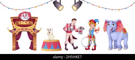 Cartoon set of circus elements with clown, magician man, animals and entrance to cirque isolated on white background. Round stage and searchlights for entertainment performance or carnival show. Stock Vector