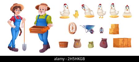 Cartoon objects set of garden tools, haystacks, hens and sacks isolated on white background. Farmers in hats with wooden box in hand and shovel. Chickens in straw nest. Agricultural production concept Stock Vector