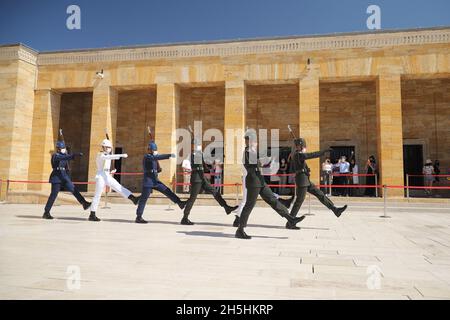 ANKARA, TURKEY - JULY 30, 2021: Soldiers march for changing of the guard ceremony in Anitkabir. Anitkabir is the mausoleum of Ataturk, the founder and Stock Photo