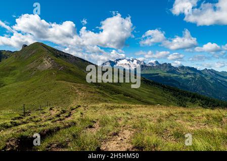 Monte Sief, Marmolada and part of Padon mountain ridge in Dolomites mountains in Italy during beautiful summer morning