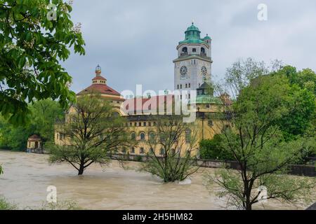 22 May 2019 Munich, Germany - Müllersches Volksbad -Munich's Baroque Swimming Pool. View from bridge at Isar river Stock Photo