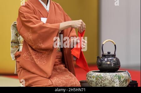 A woman in a kimono kneeling on a tatami prepares tea during a demonstration of a traditional Japanese tea ceremony. The close up image.