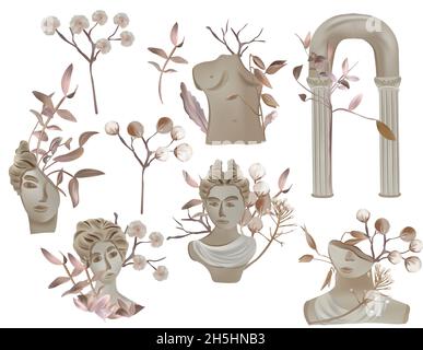 Various ancient greek statues, column, heads of woman, branch tree. Antique composition, greek statues. Art history in modern style. Vector illustration isolated on white background. Stock Vector