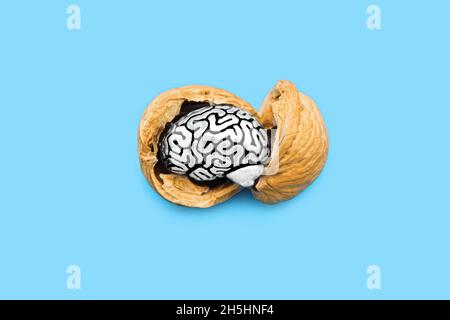 Miniature steel brain in a walnut shell isolated on blue background. Brain food essentials concept. Stock Photo
