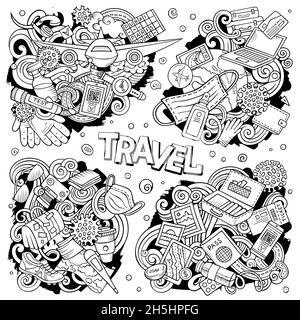 Travel cartoon vector doodle designs set. Sketchy detailed compositions with lot of New normal objects and symbols. All items are separate Stock Vector