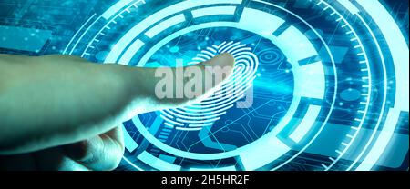 Businessman using Fingerprint technology scan provides security access. Advanced technological verification future and cybernetic. Biometrics authenti Stock Photo