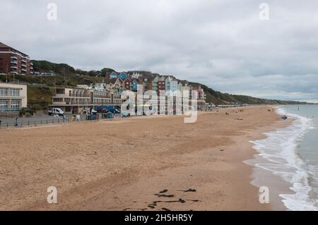 View of Boscombe seafront and sandy beach as seen from offshore. Boscombe, Bournemouth, Dorset,England, UK