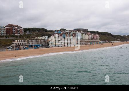 View of Boscombe seafront and sandy beach as seen from offshore. Boscombe, Bournemouth, Dorset,England, UK