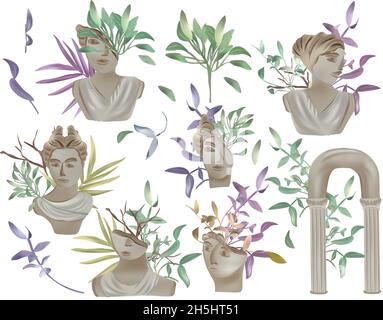 Various ancient greek statues, column, heads of woman, branch tree. Antique composition, greek statues. Art history in modern style. Vector illustration isolated on white background. Stock Vector