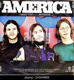 Vintage single record cover - America - I Need You - D - 1972 Stock Photo