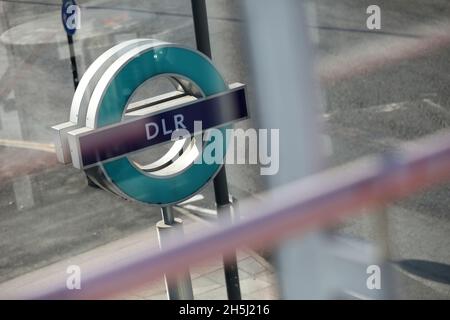 General view of a Docklands Light Railway, DLR sign in Canning Town, London, UK. Stock Photo