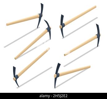 Isometric Pick icons, Mattock. Pick axe isolated illustration on white background Stock Vector