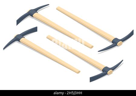 Isometric Pick icons, Mattock. Pick axe isolated illustration on white background Stock Vector