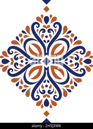 Blue and orange ornamental Tile. Vintage elements. Ornament. Traditional, Ethnic, Turkish, Indian motifs. Great for fabric and textile, wallpaper, packaging or any desired idea.  Stock Vector