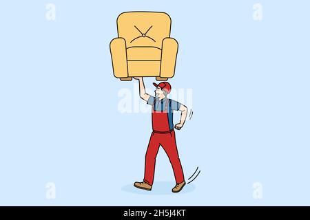 Happy man porter in workwear carry chair engaged in moving or relocation. Smiling loader move stuff relocate house or apartment. Delivery service concept. Flat vector illustration.  Stock Vector