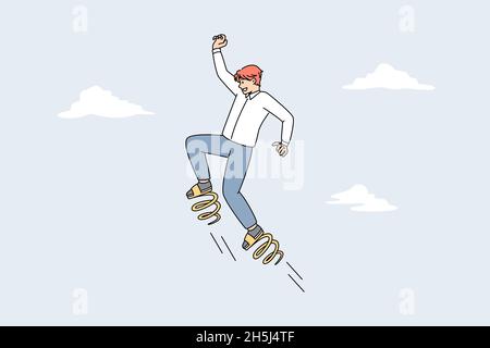 Businessman on springs jump high reach business success. Male employee or worker approach career aim or goal achievement. Startup and progress concept. Development. Vector illustration.  Stock Vector