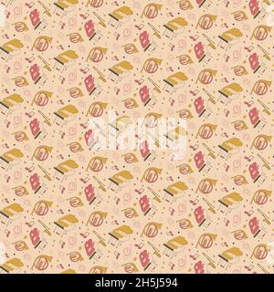 Seamless pattern with piano and french horn. Texture with classical music symbols in doodle style. Stock Vector